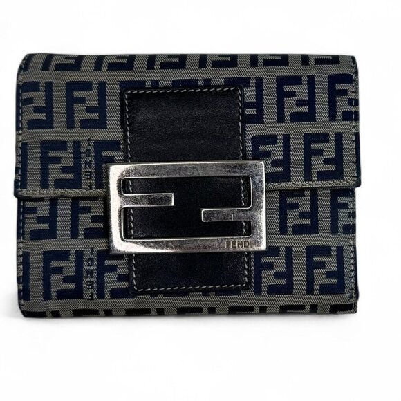 Fendi Zucca Compact Navy Wallet - FF Logo